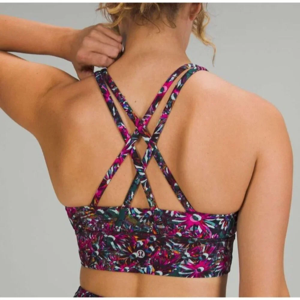 Lululemon Energy Longline Bra Medium Support Size 2 Floral Electric Strappy Back - Picture 1 of 15